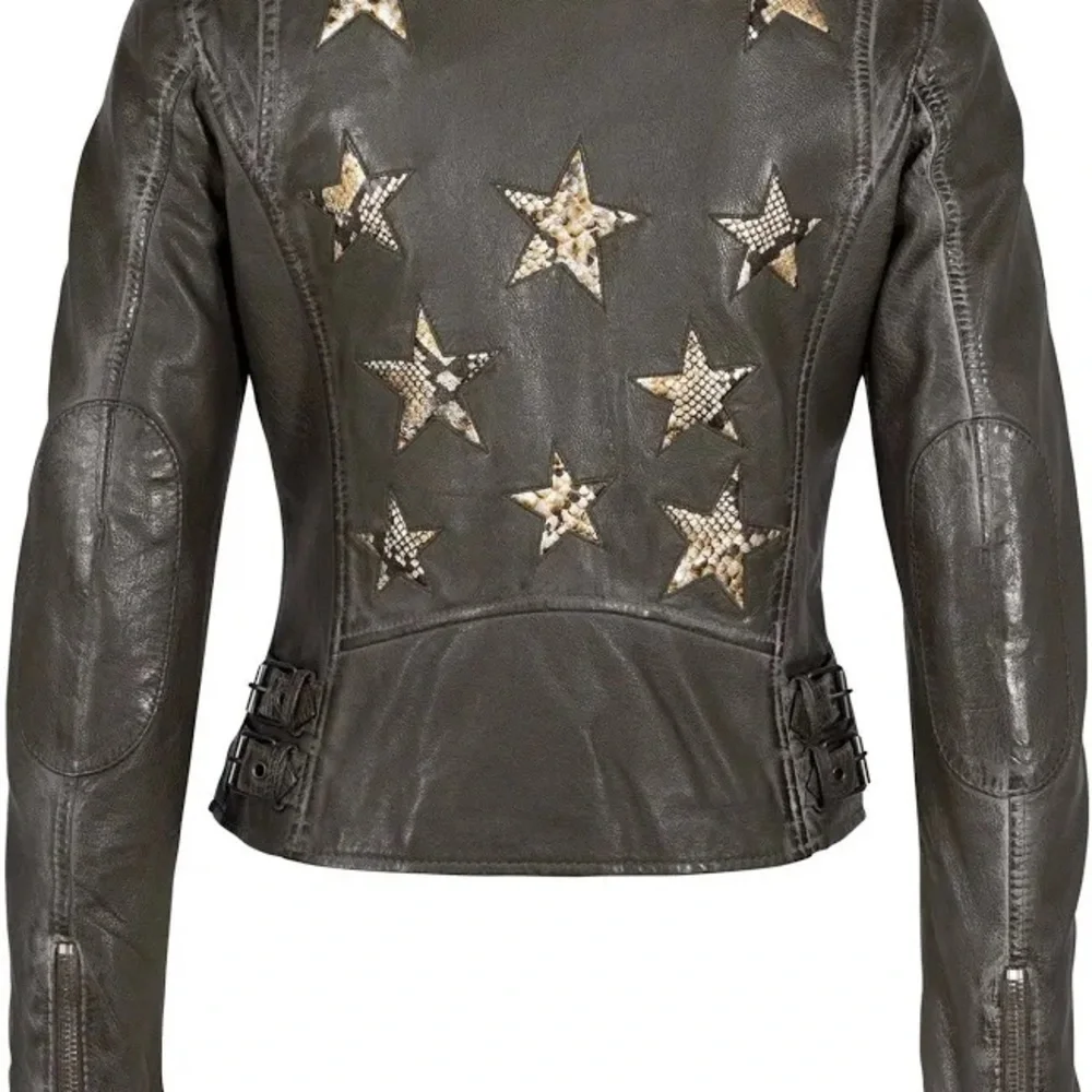 Leather Moto Jacket Star Snakeskin Boho Western Cowgirl Lightweight Coat Green - Picture 4 of 6